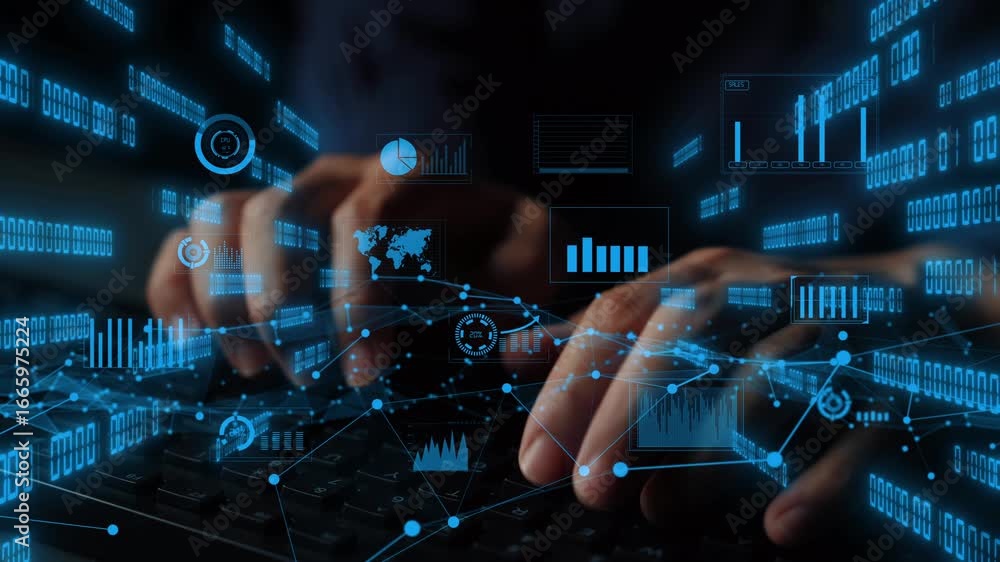 Poster a close-up view of hands typing on a keyboard, surrounded by digital graphs and data visualizations,