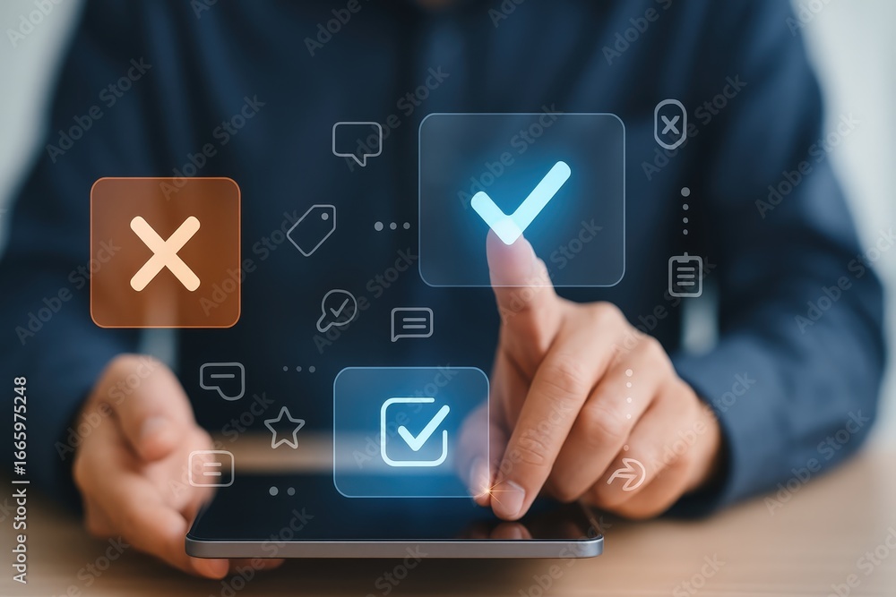 Poster a person interacts with a digital tablet, selecting a check mark overlayed on a glowing interface.