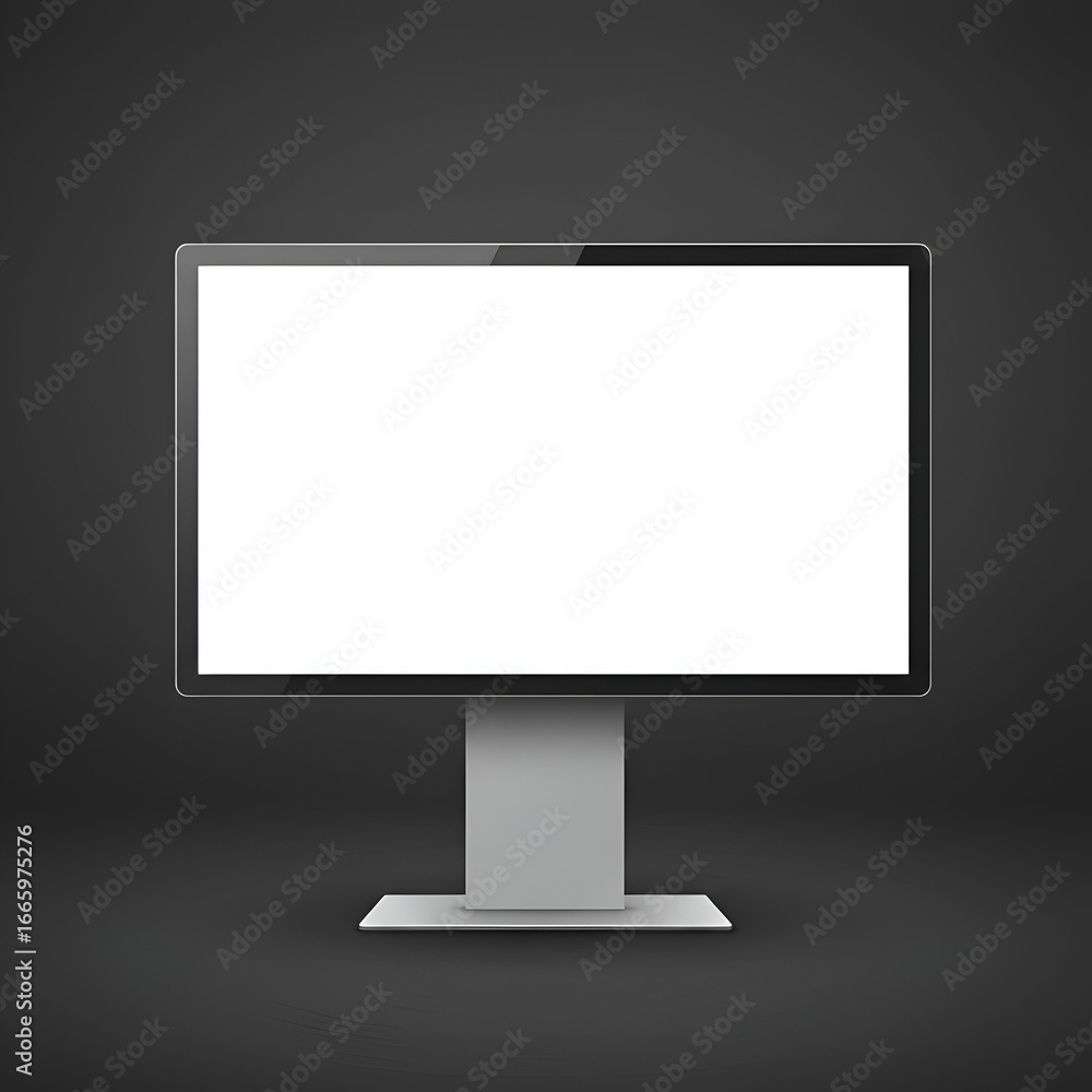 Poster empty large format monitor on a gray stand in a dark room. modern display for presentation, with a b