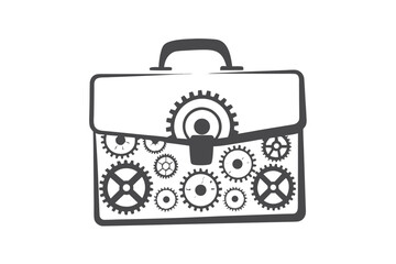 Detailed Gray Briefcase Icon Filled With Cogs, Gears, and Person Silhouette on White