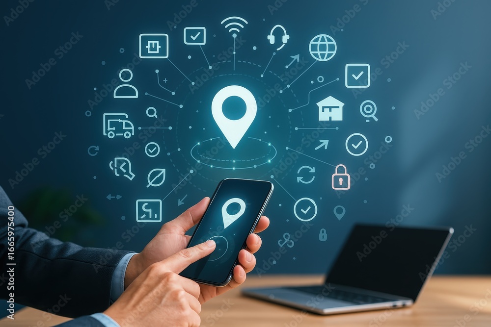 Poster a person interacts with a smartphone displaying a digital location-based service, surrounded by inte