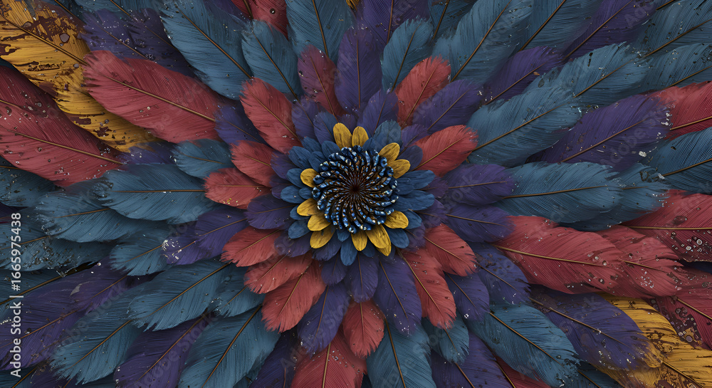 Poster abstract design of multicolored feathers arranged in a radial pattern. multicolored feathered design