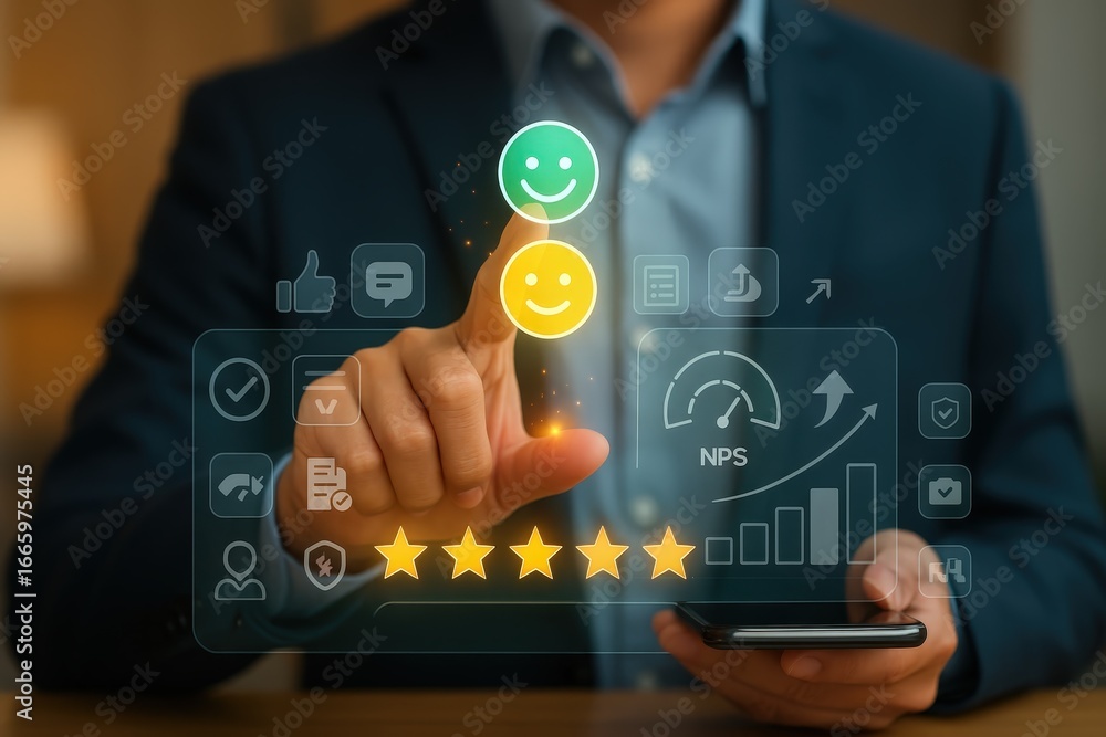 Poster a person interacts with a holographic interface displaying customer satisfaction metrics, including 