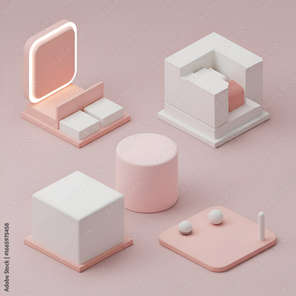 Poster pink and white geometric display podiums and showcases on a muted pink background. modern abstract d