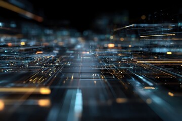 Abstract technological background displaying intricate patterns of light and lines representing data processing and connectivity in a futuristic digital environment