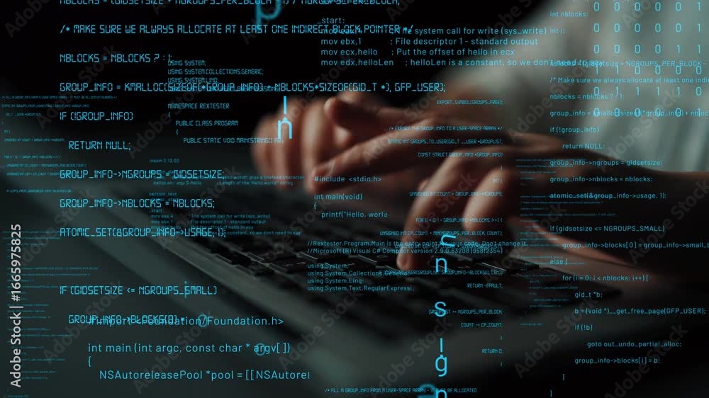 Poster a close-up image capturing hands typing on a laptop keyboard with abstract digital code elements sur