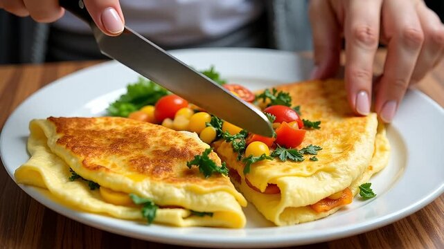 Chef expertly slicing a golden omelet filled with vibrant tomatoes and herbs on a white plate, creating a delicious and appetizing meal for breakfast or brunch