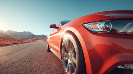 Naklejka premium A red sports car speeds down a desert road during sunset, creating a sense of freedom and adventure.