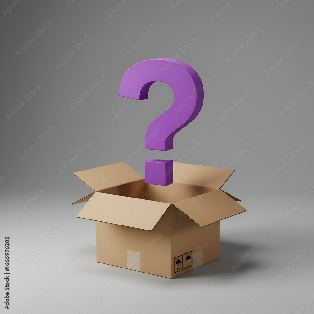 Poster empty cardboard box with a purple question mark inside, representing a concept of unanswered questio