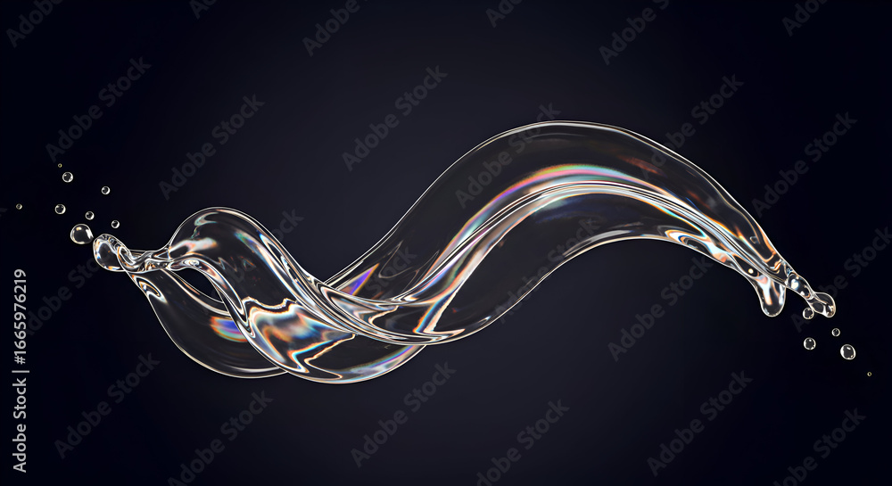 Poster abstract liquid splash with iridescent hues in motion against a dark background. dynamic splash with