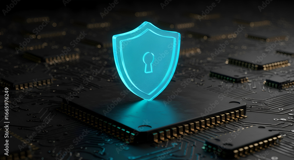 Poster abstract glowing turquoise shield icon positioned on a circuit board. modern digital security concep
