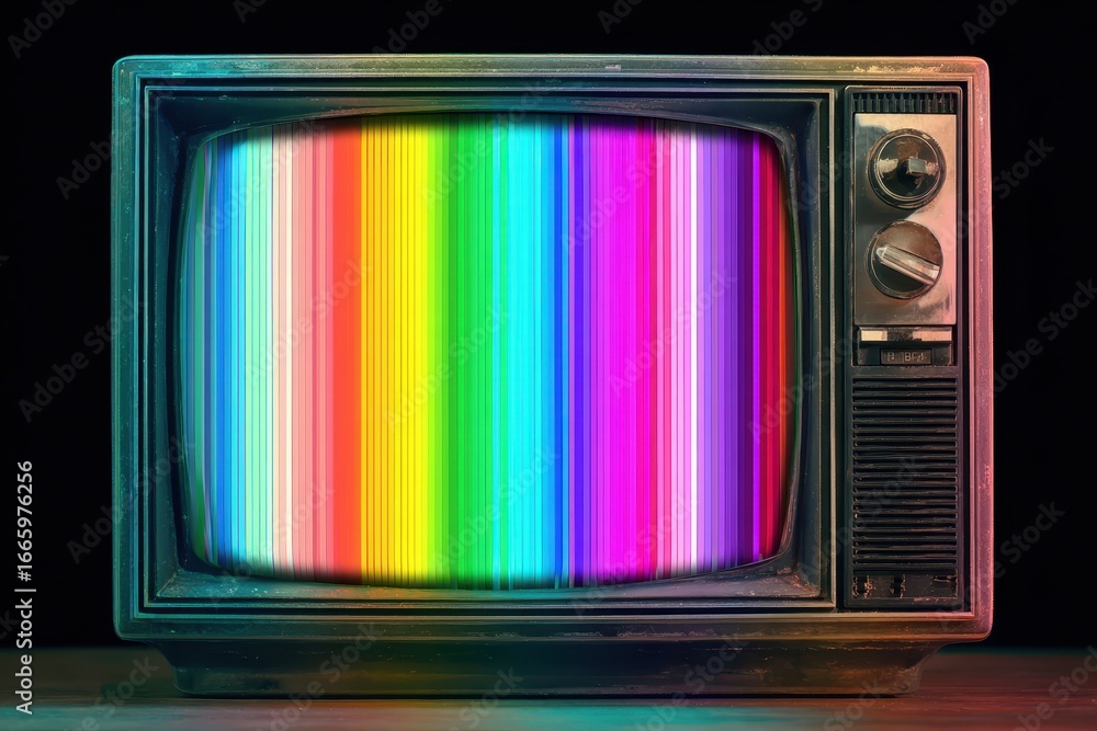 Poster classic crt television displaying colorful bars indicating technical difficulties in a retro setting