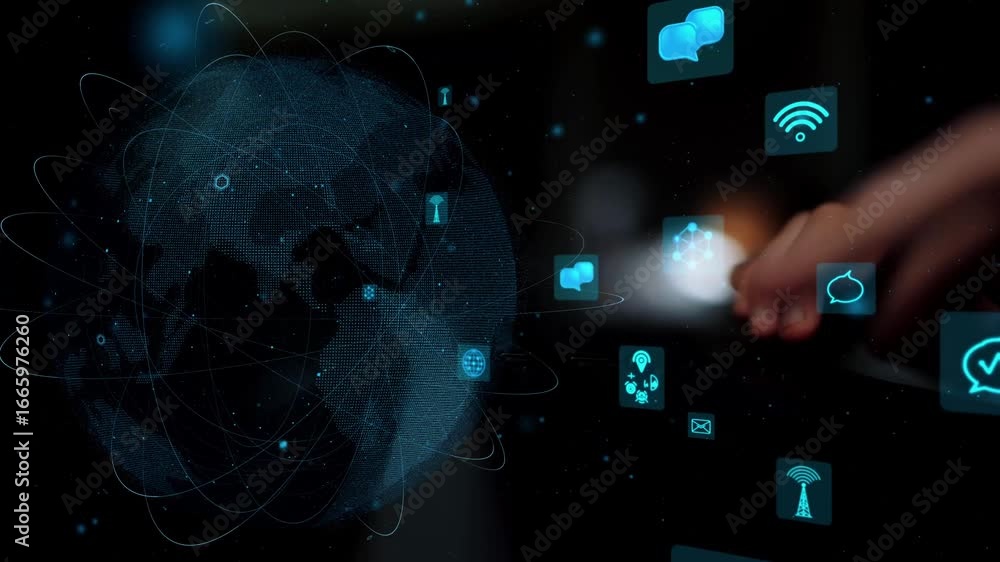 Poster a visually striking representation of a digital network displaying global communication icons. this 