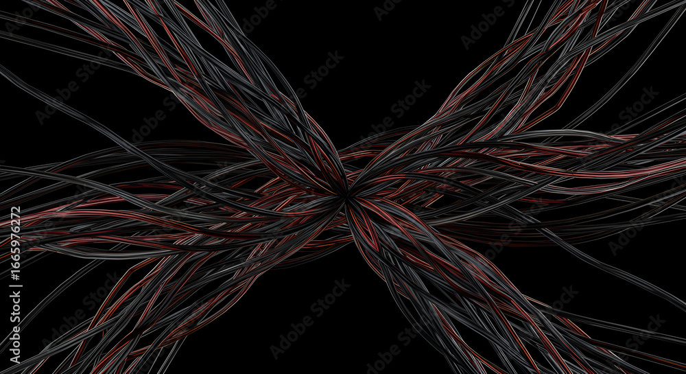 Poster abstract intertwined network of dark gray and burgundy lines against a black background. complex web