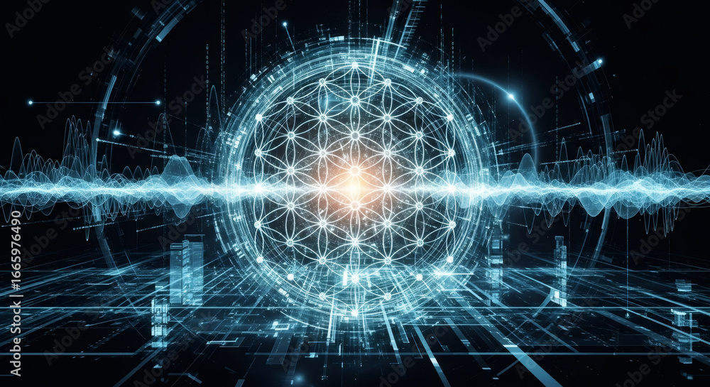 Poster futuristic digital display with geometric sphere and wavy data lines. abstract technology background