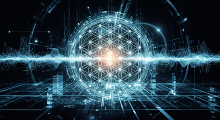 Futuristic digital display with geometric sphere and wavy data lines. Abstract technology background for science, artificial intelligence concept.