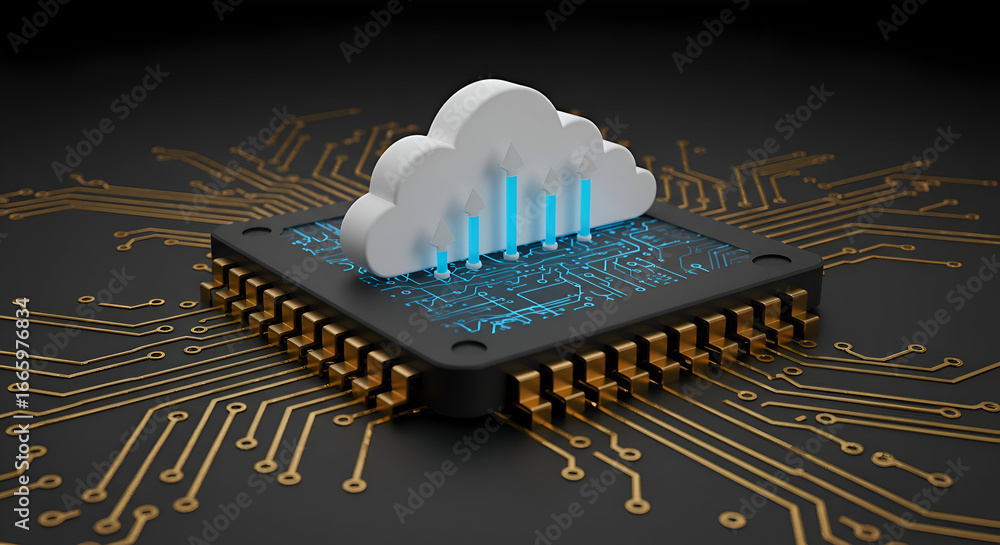 Poster cloud computing technology with graphic representation of data transfer on a circuit board. modern i
