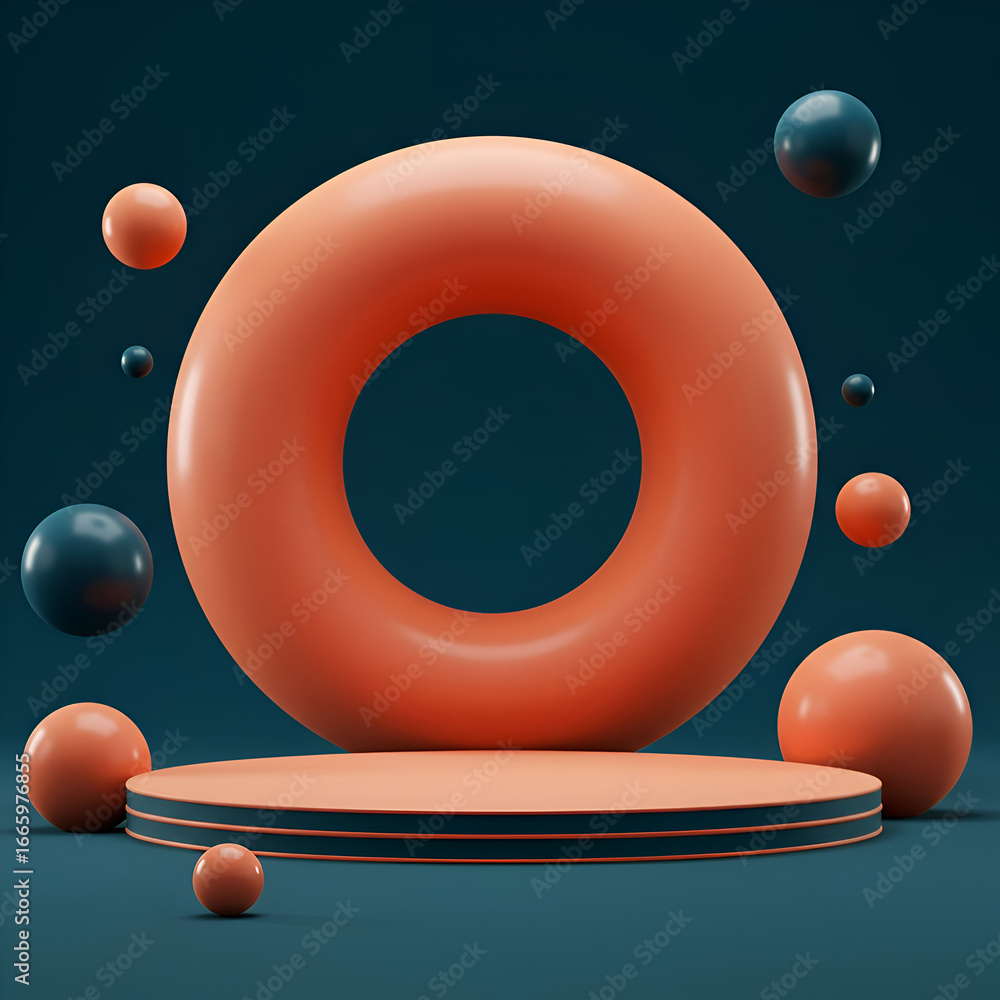 Aufkleber abstract geometric shapes in coral and teal on dark background. floating orbs and a circular platfor