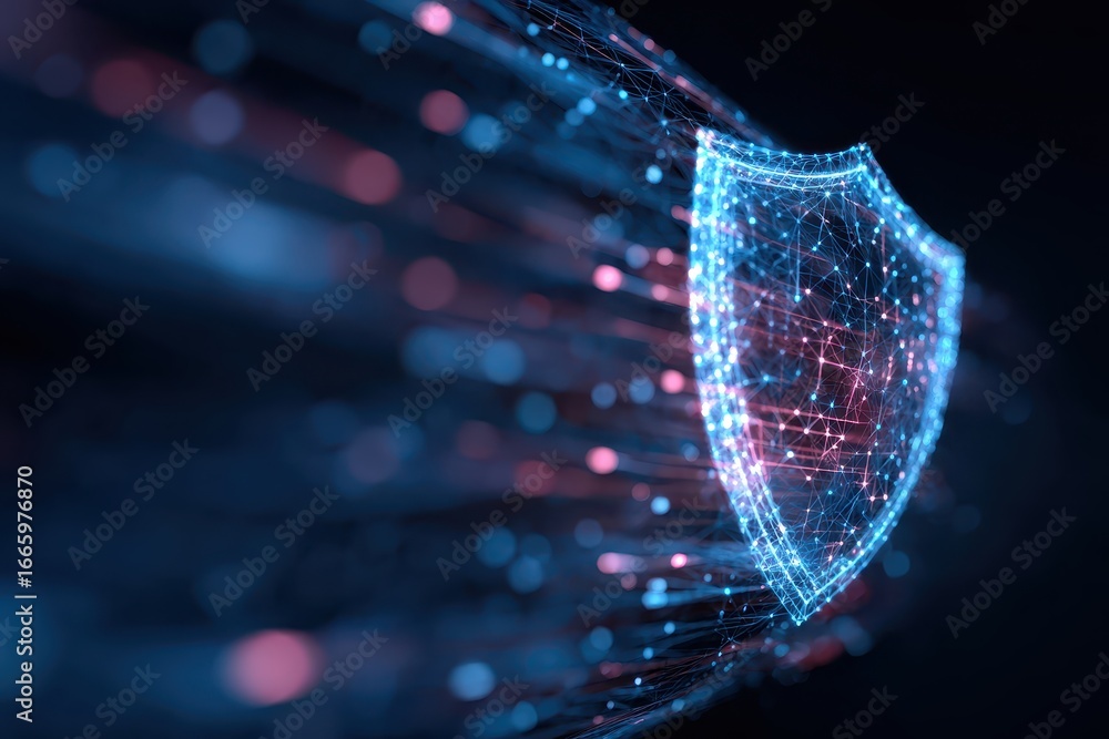 Poster digital shield symbolizing cyber security protection and data defense in a vibrant network environme