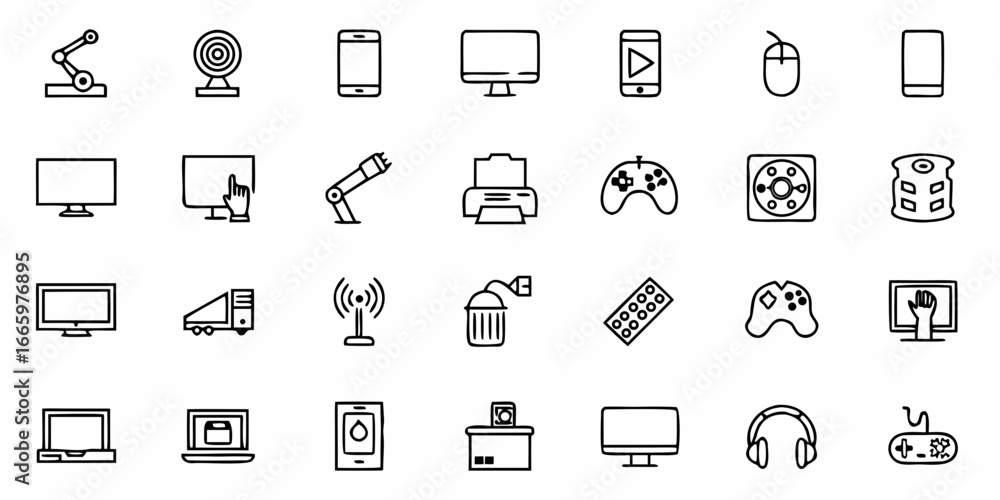 Poster clean line art icon set for technology and office essentials design projects showcases modern simpli