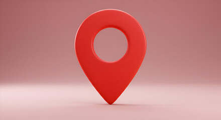 Red location marker icon in a minimalist design. Simple, 3D model of a location pin displayed against a soft pink background.