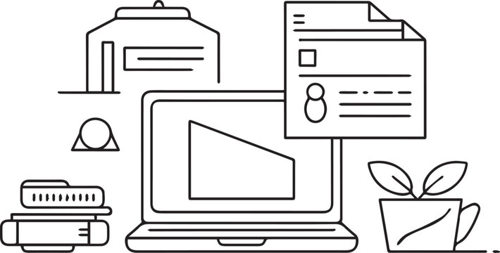 black and white office setup with laptop clip art preview