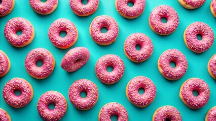 Many pink donuts with sprinkles on a blue background