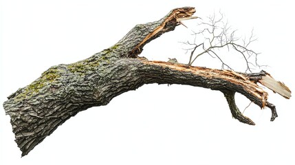 Fototapeta premium a tree broken by lightning clipart, storm damage element, photorealistic bark and break texture, isolated on white background