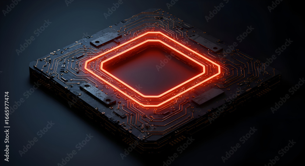 Poster advanced computer circuit board with glowing central component in a dark studio setting. high-tech c