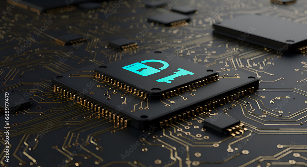 Poster modern circuit board with security lock icon. abstract illustration of a computer chip with a securi