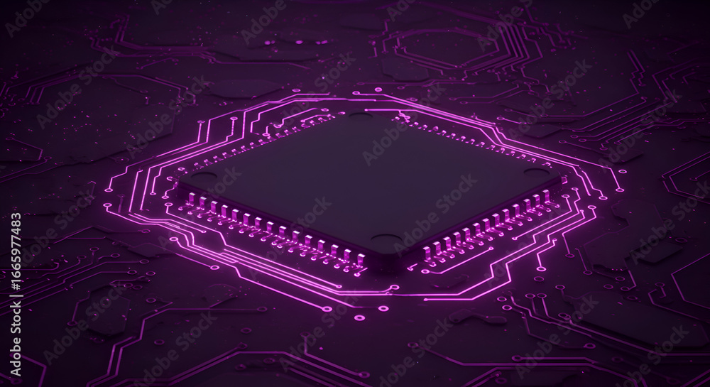 Poster a close-up view of a dark circuit board with a central processor chip, highlighted by vibrant purple