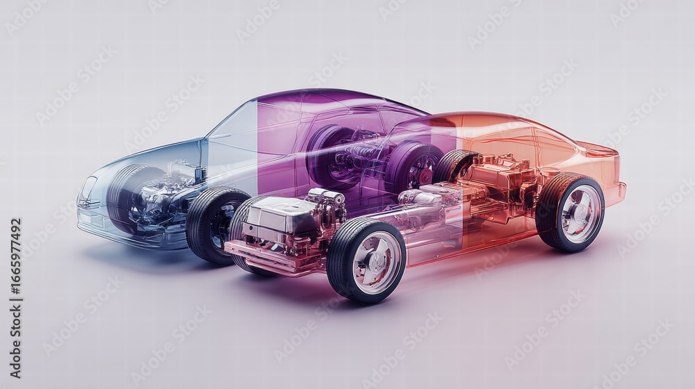 Poster this conceptual image shows car chassis and mechanisms highlighted by transparency.