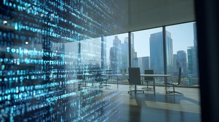 A view of a modern office space with code overlayed on the window and city skyline in the background