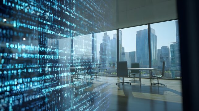 A view of a modern office space with code overlayed on the window and city skyline in the background