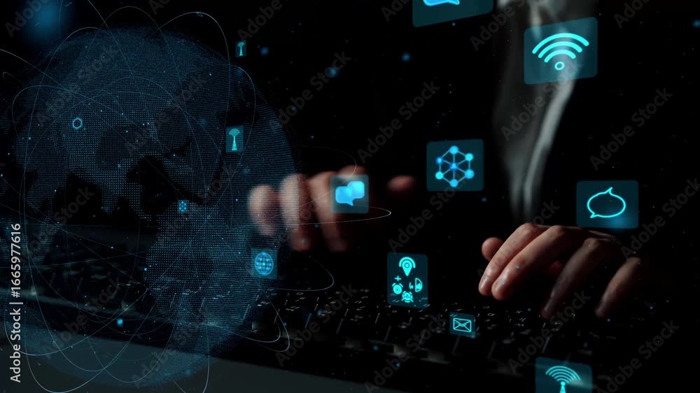 Aufkleber a dark-themed image showcasing hands typing on a keyboard, surrounded by glowing digital icons that 