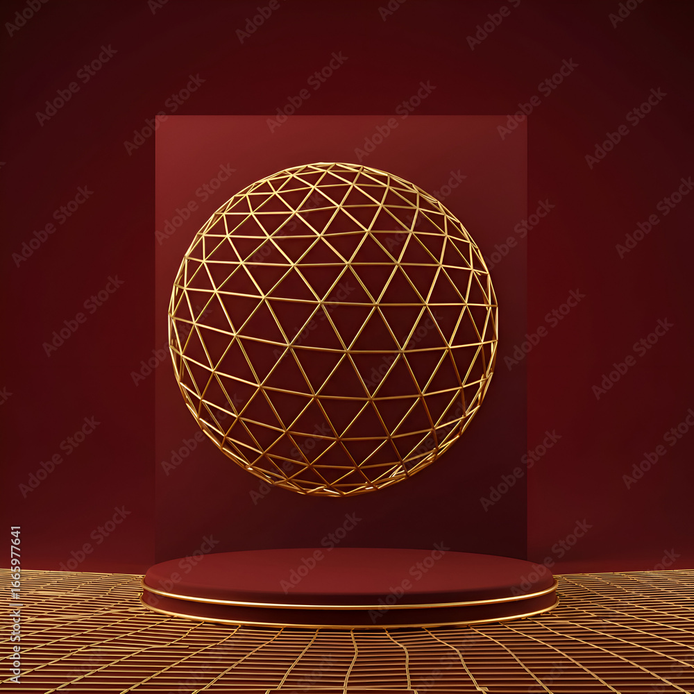 Poster golden geometric sphere suspended over a burgundy pedestal. abstract design element with a neutral b