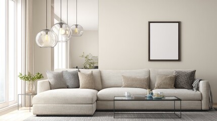 Modern Light Living Room Sofa with Neutral Cushions and Elegant Pendant Lights