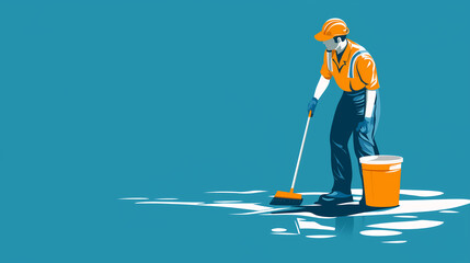 Minimalist flat design illustration of a janitor cleaning the floor with a broom and a bucket. Blue and yellow color scheme.