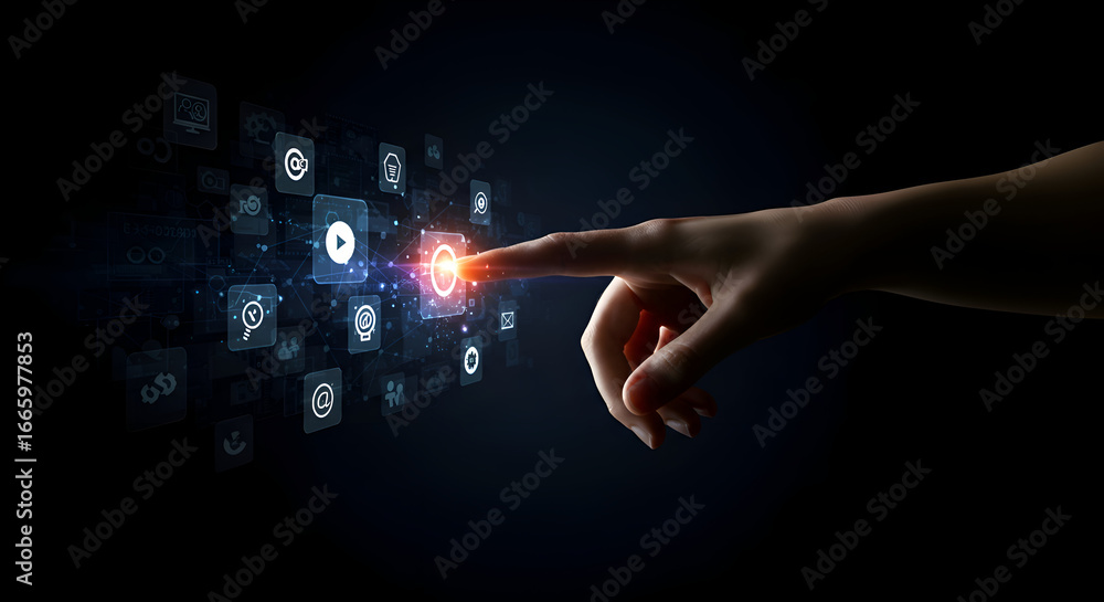 Poster woman interacting with digital interface, selecting an option in a dark setting. hand pointing at gl