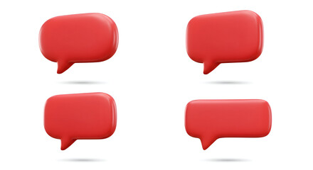 Red speech bubble graphic design elements with no people or setting. Floating speech bubbles with 3d effect.