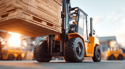 A yellow forklift lifts a wooden pallet, showcasing industrial transport and logistics.