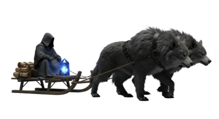 A mysterious cloaked figure on an ironwood sled pulled by two colossal prehistoric wolves, glowing sapphire crystal on transparent background, studio shot, epic journey concept