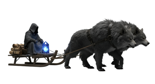 A mysterious cloaked figure on an ironwood sled pulled by two colossal prehistoric wolves, glowing sapphire crystal on transparent background, studio shot, epic journey concept