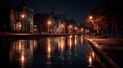 Fototapeta premium Beautifully lit by warm streetlights reflecting off the calm