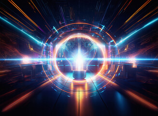 Abstract sci-fi double exposure image. Glowing lightbulb with animal features at center of a futuristic, neon-lit tunnel background.  Bright streaks of light radiate outwards.