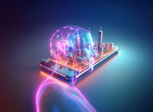 Abstract sci-fi double exposure image of a city skyline superimposed onto a human head, resting on a smartphone, set against a vibrant background. - Powered by Adobe