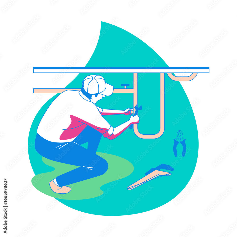Poster plumber. plumber fixing pipes with tools isolated on transparent background.