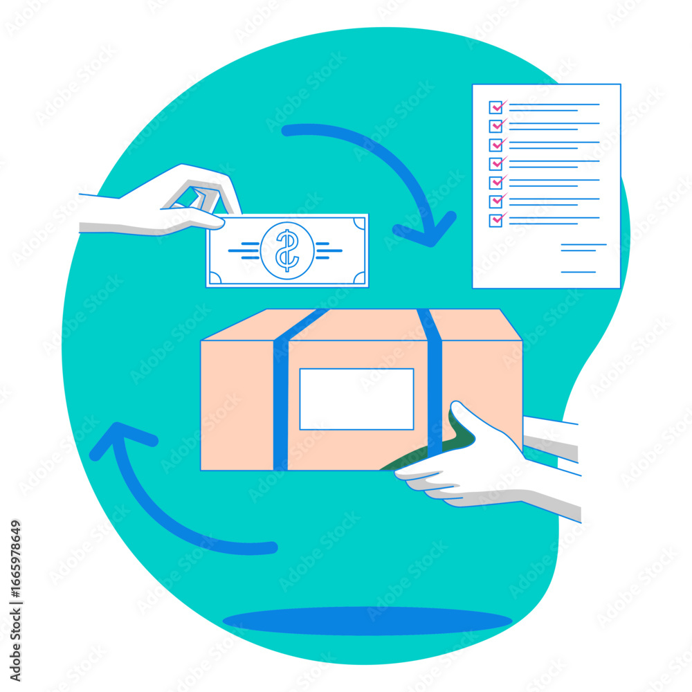 Poster return policy. hands exchanging money for a package with a checklist isolated on transparent backgro