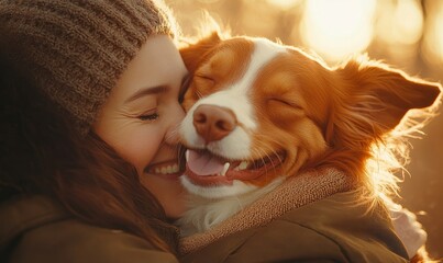 dog laughing while being hugged by a human, captured in a photorealistic art style, highlighting the joyful and affectionate bond between pets and their owners, Generative AI