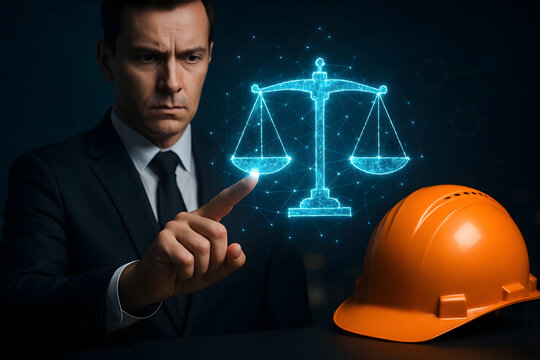 Man in suit points at glowing scales of justice near hard hat